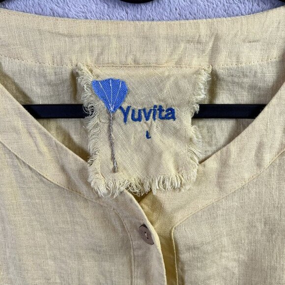 Yuvita NWT 100% Linen Top Yellow Women's Large Boho Button Front Short Sleeve - Picture 9 of 11